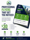 Advertisement for AQ Web Design flyer design services with a sample flyer on a white background.