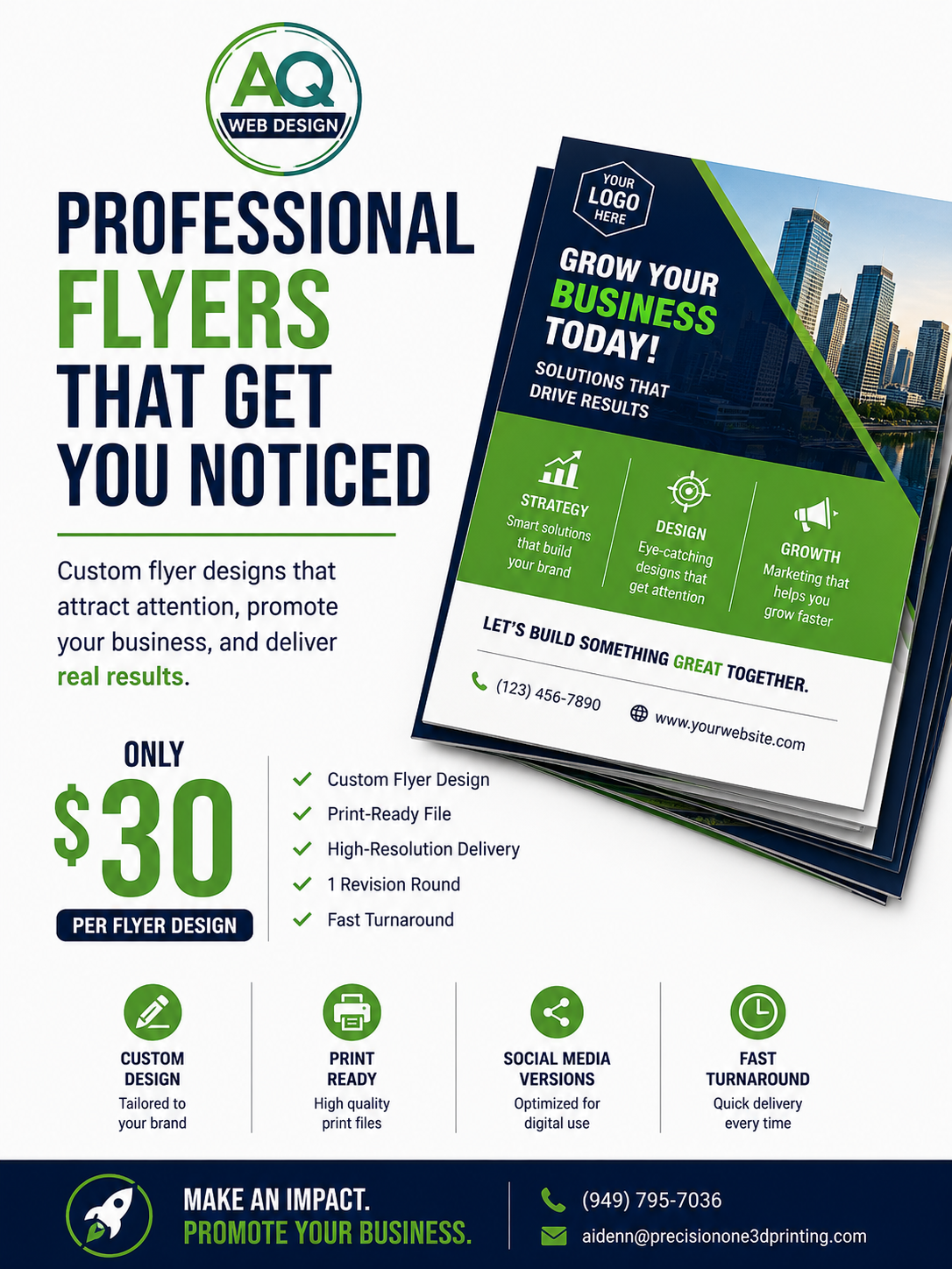 Advertisement for AQ Web Design flyer design services with a sample flyer on a white background.